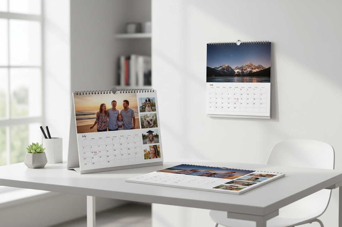 Calendario personalizado con fotos sobre escritorio moderno