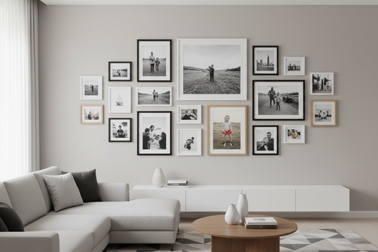  Collage de fotos decorativo en pared moderna con marcos y lienzos de diferentes tamaños