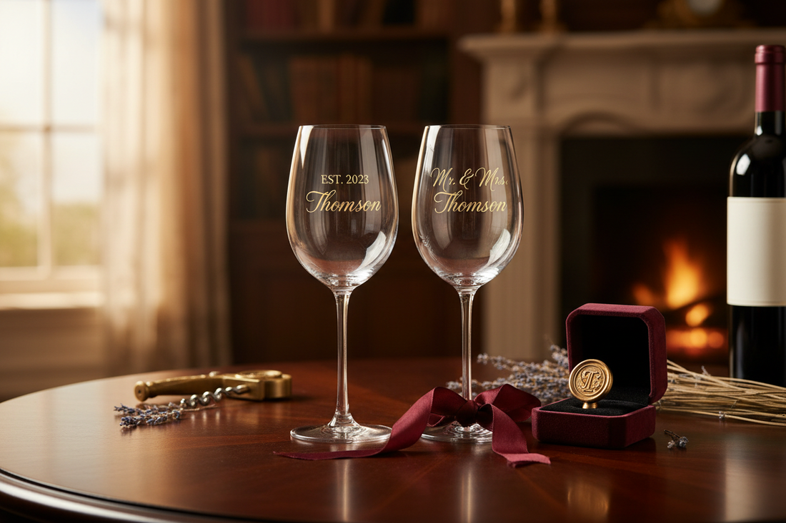 Copas personalizadas elegantes con grabado sobre mesa de madera