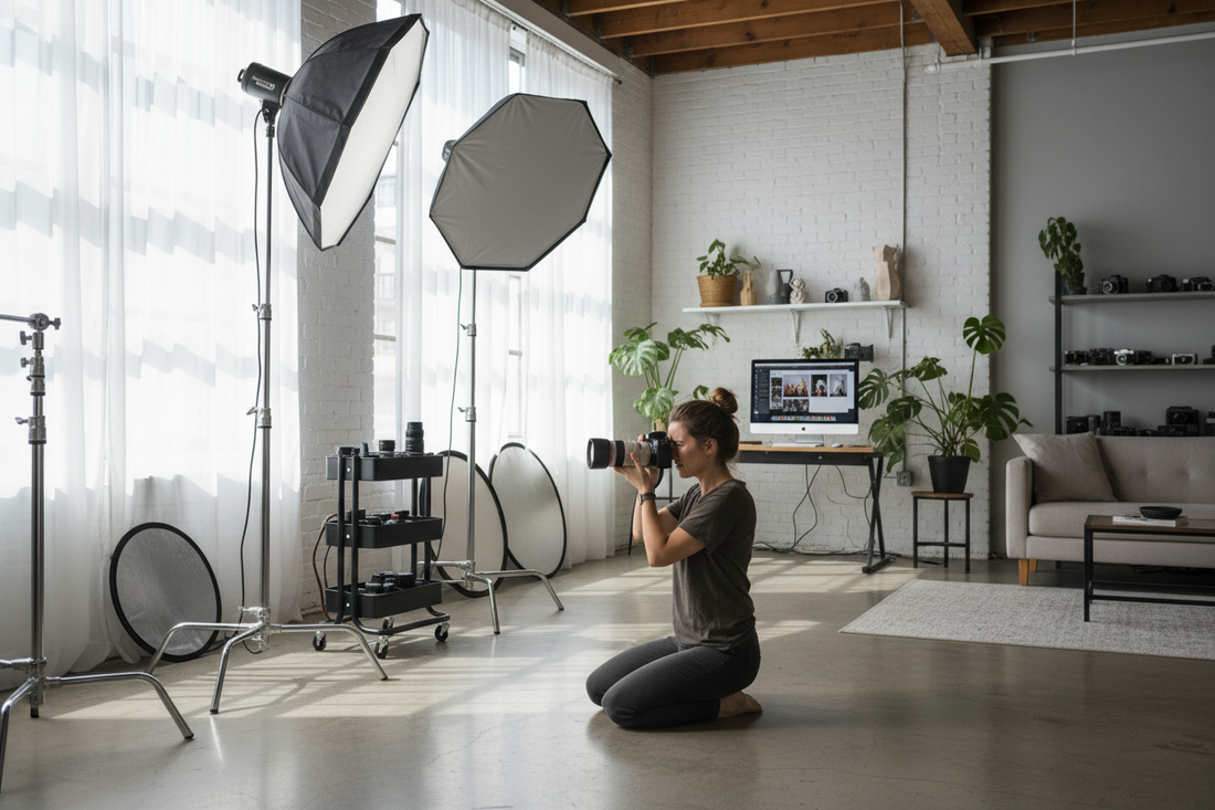 Fotógrafo profesional realizando sesión de fotos en estudio con buena iluminación