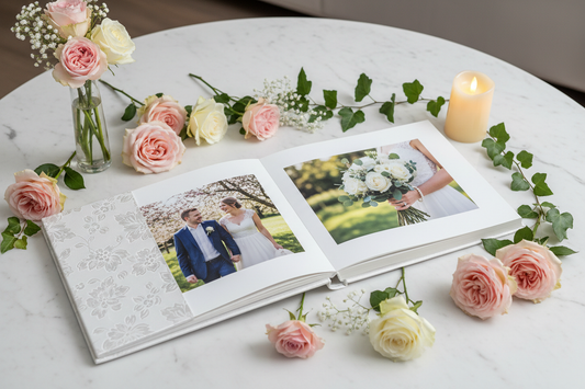 Álbum de fotos de boda elegante abierto mostrando fotografías de la ceremonia