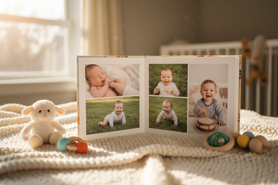 lbum de fotos para bebés abierto mostrando momentos especiales del primer año
