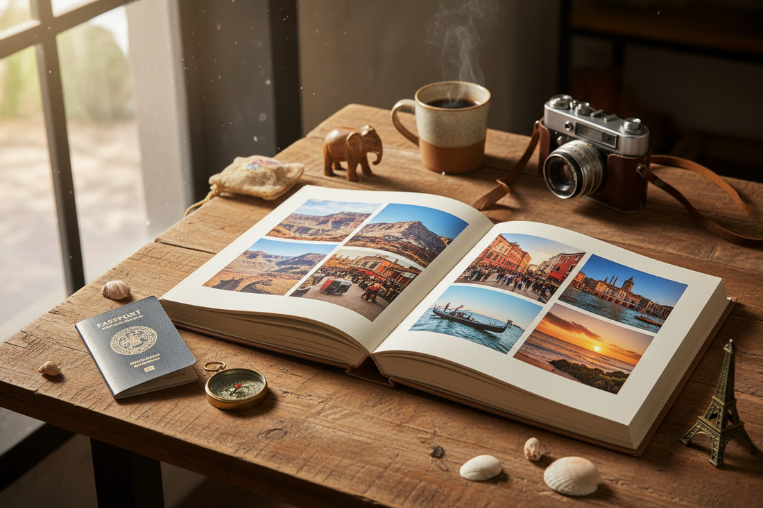 Álbum de viajes abierto con fotografías de diferentes destinos y recuerdos