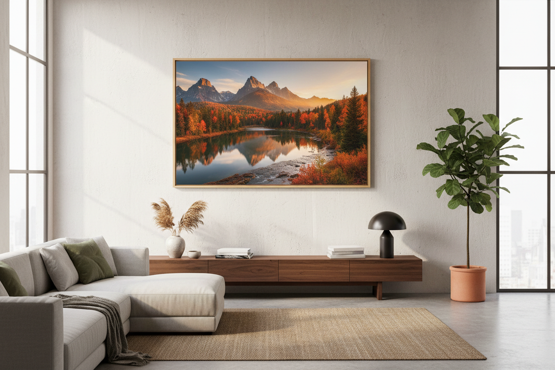 Lienzo personalizado con foto colgado en pared de salón moderno