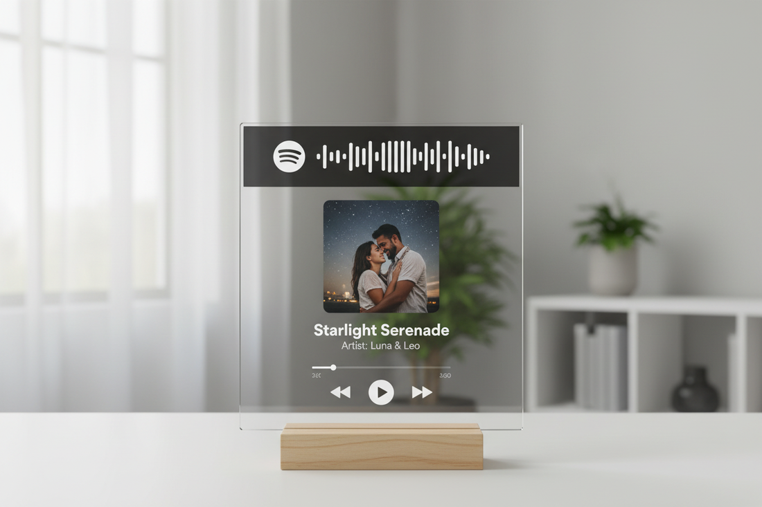 Metacrilato personalizado estilo Spotify con logo, código de barras y soporte de madera