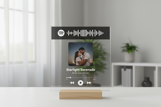 Metacrilato personalizado estilo Spotify con logo, código de barras y soporte de madera