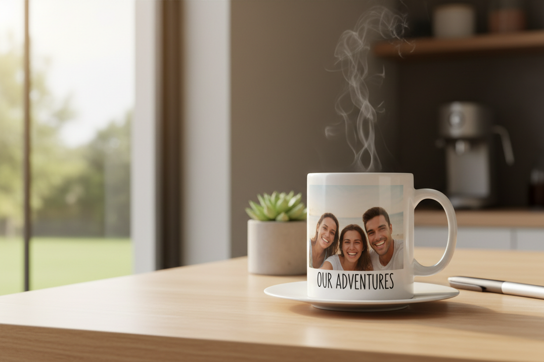 Taza personalizada con foto y texto sobre mesa moderna con café caliente