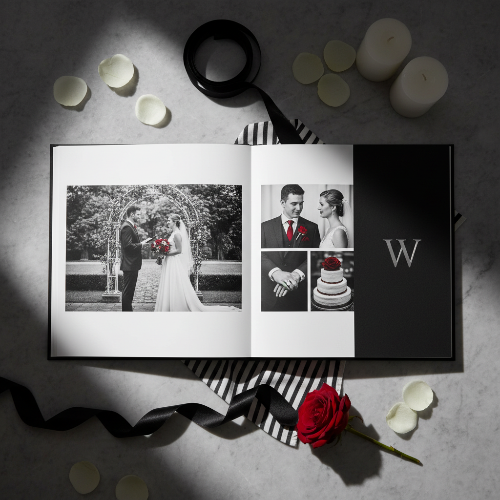 Álbum de fotos temático de boda Black & White personalizado apertura Layflat - Printoria