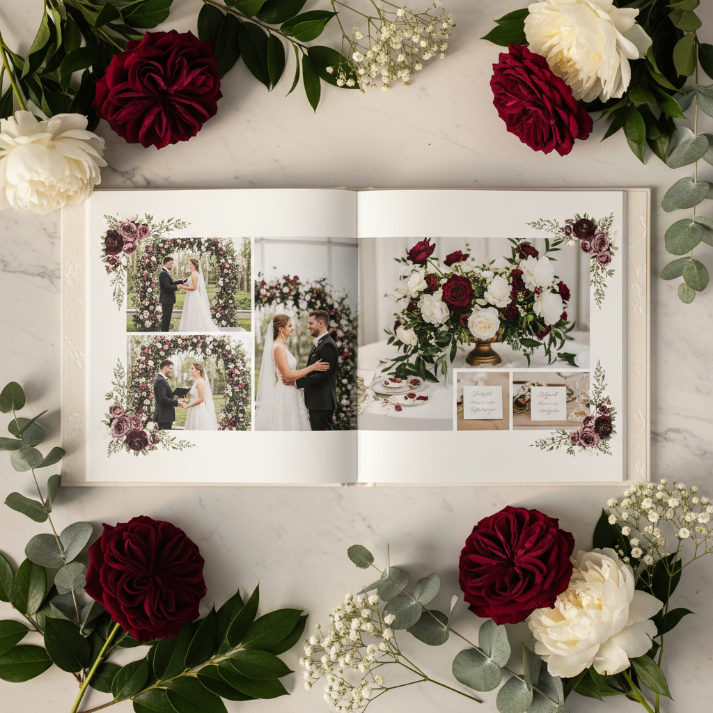 Álbum de fotos temático de boda Flower personalizado apertura Layflat - Printoria