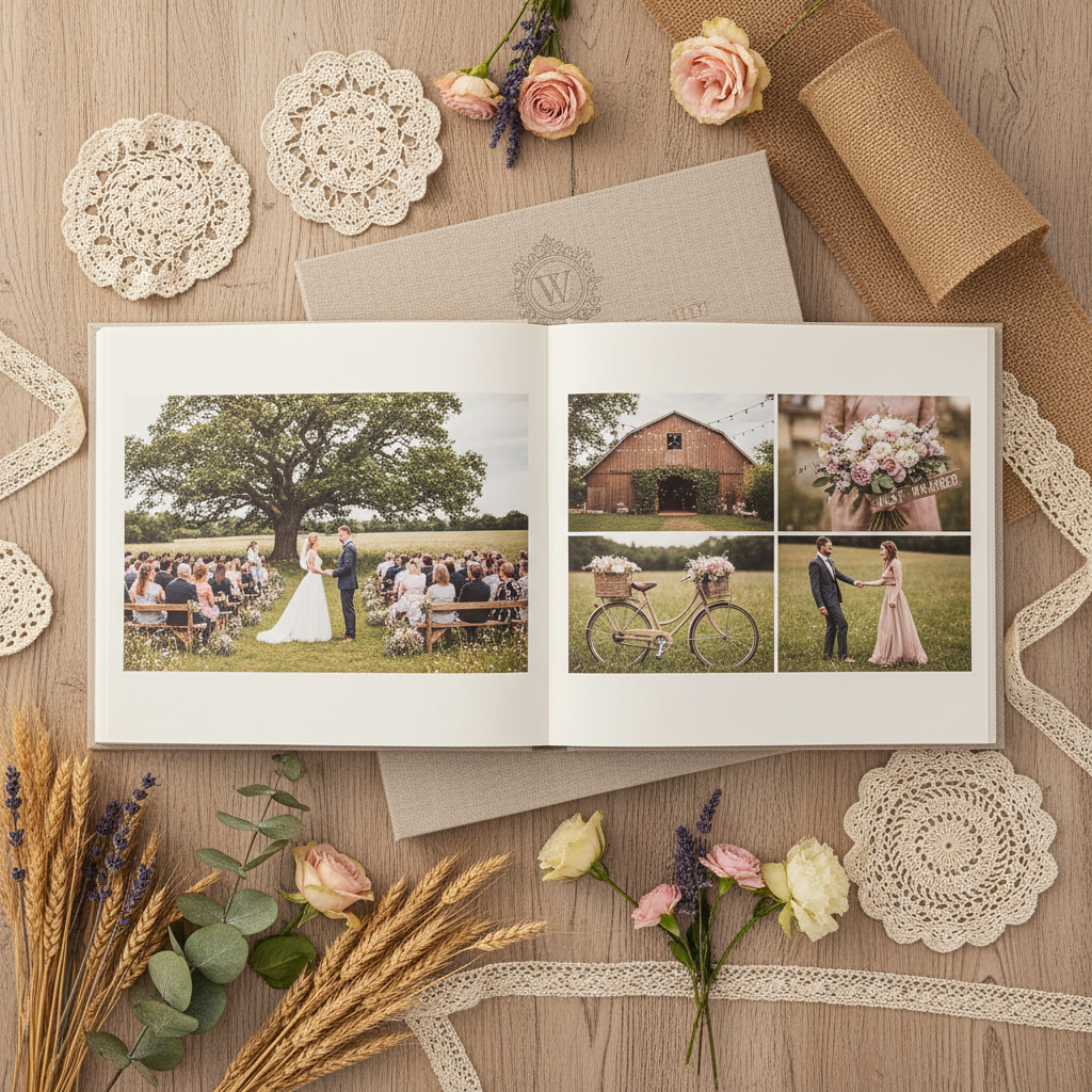 Álbum de fotos temático de boda Rustic personalizado apertura Layflat - Printoria