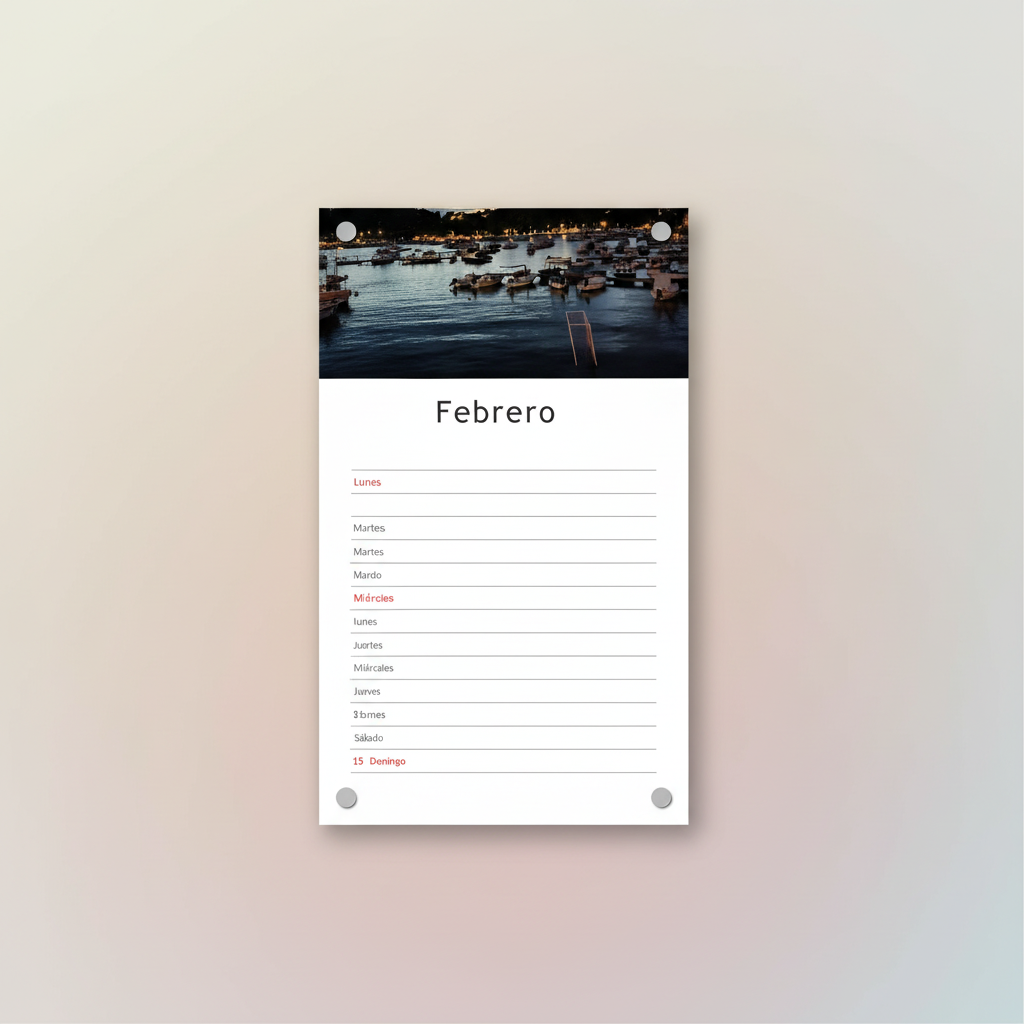 Calendario de cocina personalizado con foto de puerto al atardecer, mes de febrero 2026 - Printoria