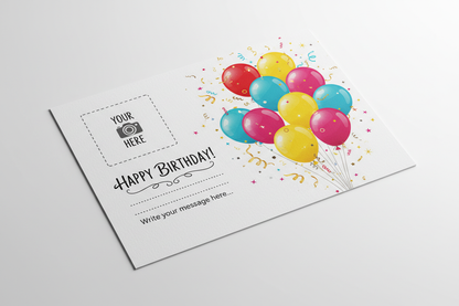 Postal de cumpleaños personalizada con diseño de globos festivos y confeti - Printoria