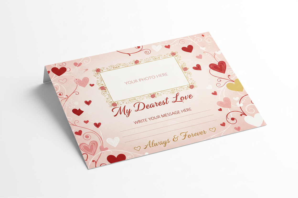 Postal romántica personalizada con diseño de corazones y mensaje de amor - Printoria