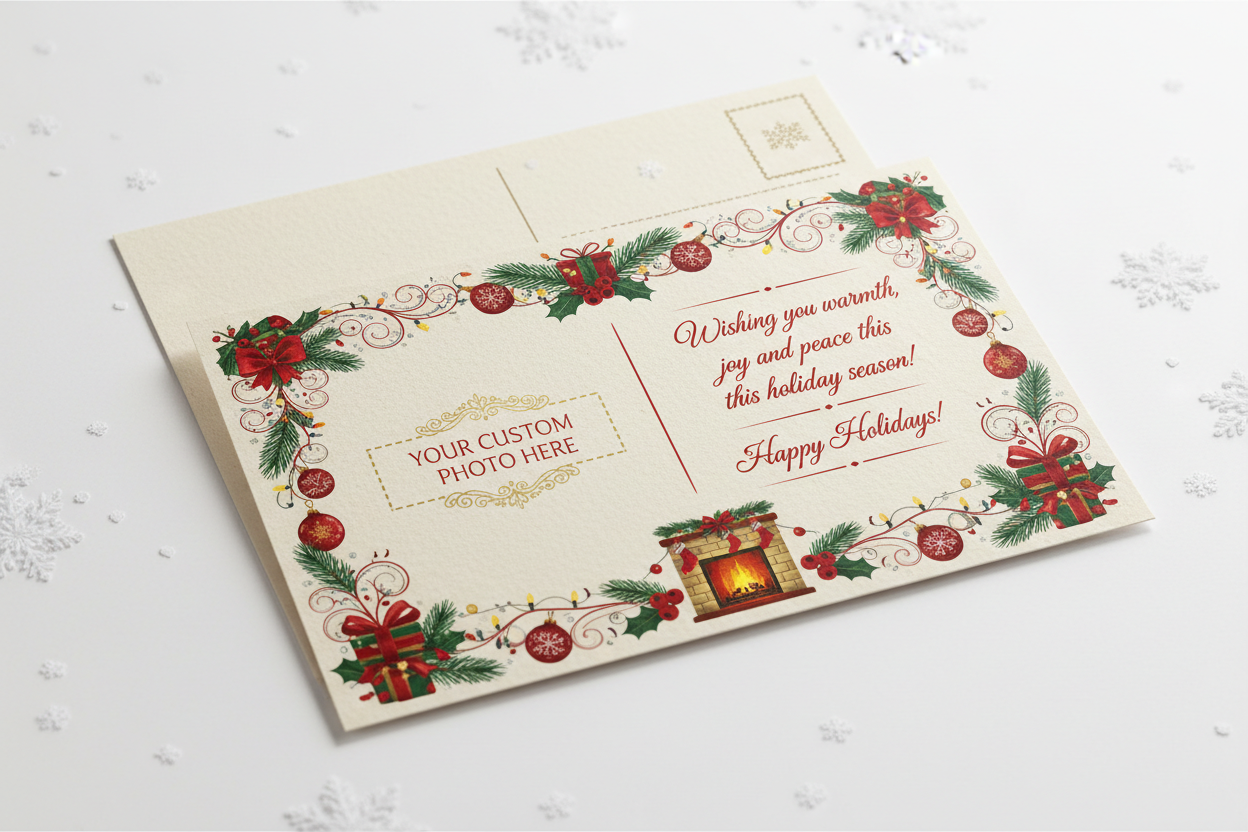 Postal de Navidad personalizada con diseño clásico navideño y decoración festiva - Printoria