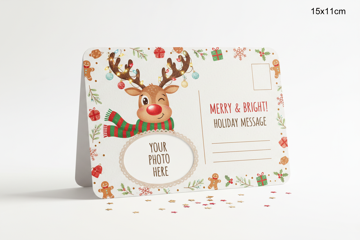 Postal de Navidad personalizada con diseño original de reno navideño - Printoria